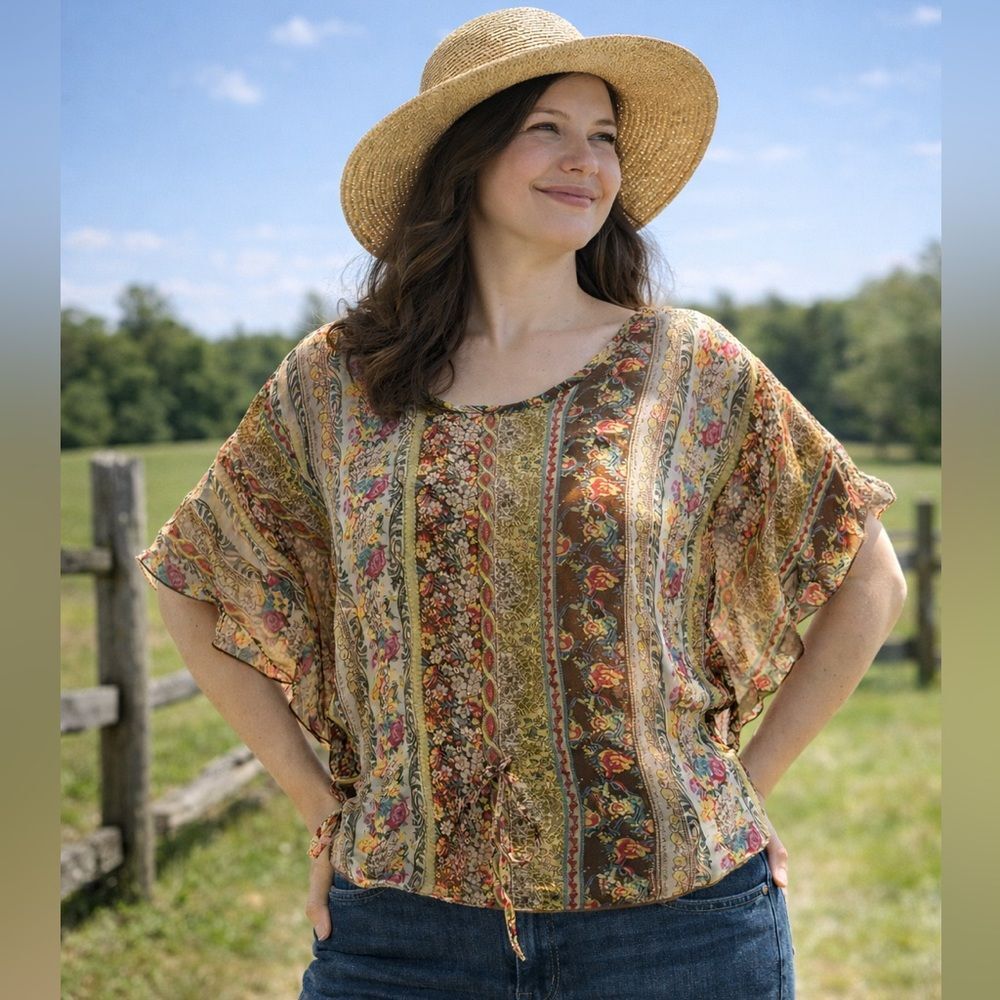 Last Kiss Boho Paisley Chiffon Blouse M Sheer Flutter Peasant Cottagecore Fairy